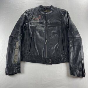 Harley Davidson Women's Black Leather Motorcycle Jacket - Size Medium Camo Liner